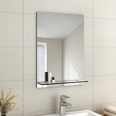 Image of EMKE Frameless Mirror with Shelf Small Bathroom Wall Shaving Storage, Rectangle Vanity Mirrors 50x70cm