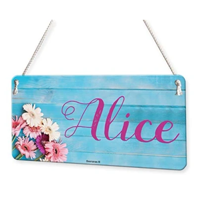 Image of Beenanas Flowers On Wood Girls Personalised Childs Bedroom Door Sign Name Plaque