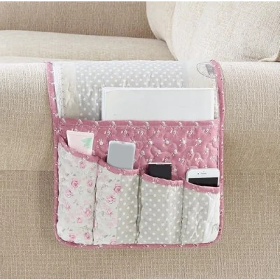 Image of Brilliant Sunshine Grey Cupid and Pink Rose Patchwork Sofa Armrest 5 Pockets Organizer, Slip Resistant Armchair Caddy, Washable Remote Controls Holder, Storage for Magazine, Tablet, 35x13&quot;,Pink