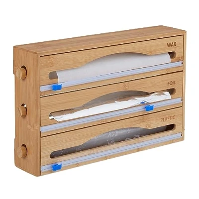 Image of Relaxdays Foil Dispenser 3 in 1, for Wall or Drawer, HWD: 23.5 x 39 9 cm, Bamboo, Sliding Cutter, Kitchen, Natural