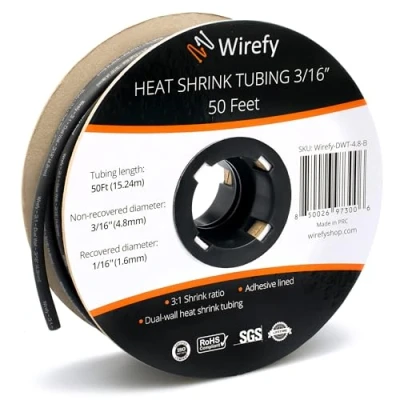 Image of Wirefy 3/16&quot; Heat Shrink Tubing 3:1 Ratio Adhesive Lined Marine Grade Black 50 Feet Roll