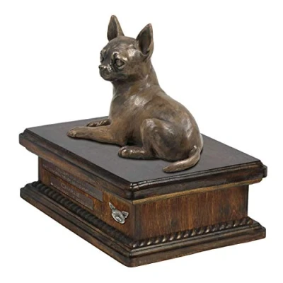Image of Art Dog Custom Sitting Statue Memorial Urn Handmade Cold Cast Bronze on Birch Base Sturdy and Stylish for Dog’s Ashes 8.3x11.4x8.7 5l Chihuahua