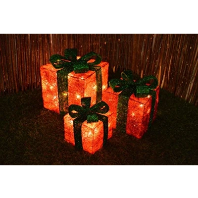 Image of Kingfisher Set of 3 LED Battery Powered Light Up Glitter Sparkle Boxes (Red w/Green Bow)