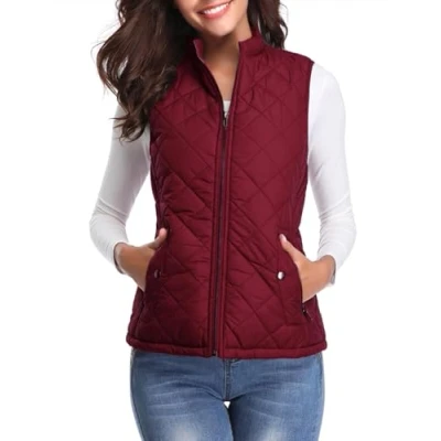 Image of fuinloth Women&#039;s Quilted Gilet, Lightweight Body Warmer Zip Padded Stand Collar Vest Wine Red Large