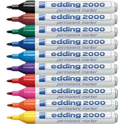 Image of edding 2000 C permanent marker multi coloured box of 10 round nib 1.5 3 mm quick drying markers waterproof, smudge proof for cardboard, plastic, wood, metal, fabric pen