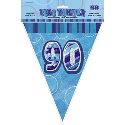 Image of Unique Party 55375 12ft Foil Glitz Blue 90th Birthday Bunting Flags