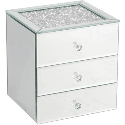 Image of Biznest Silver Crushed Diamante Mirrored Glass Jewellery Box Eye Catching Design Storage 3 Drawers