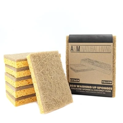 Image of A&amp;M Natural Living Eco Sponge Pack of 6, Yellow Compostable Biodegradable Washing Up with Coconut Husk Scourer Pad