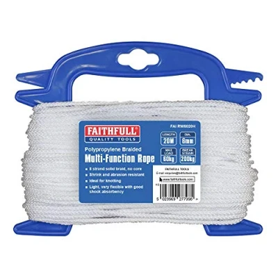 Image of Faithfull FAIRW6020H White Braided Poly Rope 6mm Dia x 20M 60kg Max Load Breaking Strain 200kg