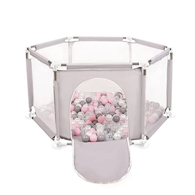 Image of Selonis Hexagon 6 Side Play Pen with 200 Balls, Grey:Pearl/Grey/Transparent/Powder Pink