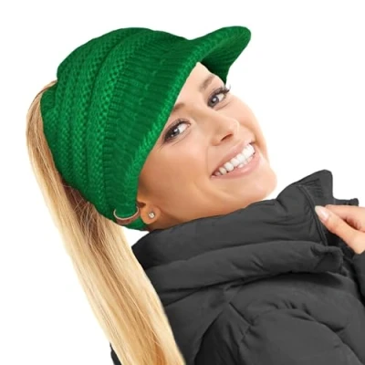 Image of TOSKATOK Ladies Slouchy Peaked Ponytail Messy Bun Knitted Beanie Hat Cap Emerald