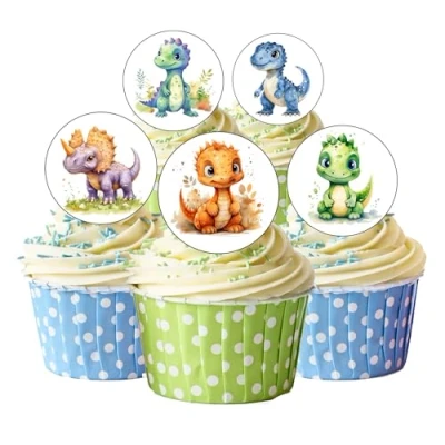Image of 24 PRE Cut Cute Dinosaur Edible Wafer Paper Round Cake Toppers Decorations