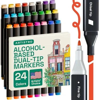 Image of ARTISTRO 24 Dual Tip Alcohol Markers Based Pens Set, Chisel + Fine Tip, Quick Dry, Fade Resistant Ink