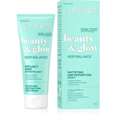Image of Eveline Cosmetics Beauty&amp;Glow Mattifying Detox Cream for Oily &amp; Combination Skin, Makeup Base with ACTIMATT™, Matcha, Clay Kombucha Ferment 75ml