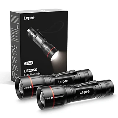 Image of Lepro LED Torch with Clip, LE2050 Super Bright Flashlight, 5 Modes, Zoomable, Waterproof, Handheld, Lightweight, Powered AAA Battery, for Camping, Outdoor Indoor Emergency Use, Dog Walking, 2 Pack