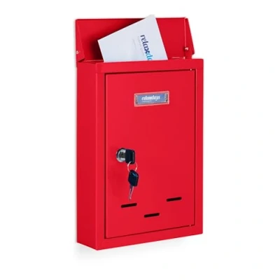 Image of Relaxdays Letter Name Plate, Metal, Lockable, with 2 Keys, Post Box, HWD: 30.5 x 21 7 cm, Wall Mounted, Red
