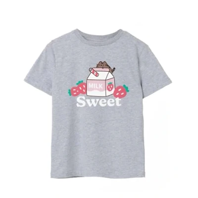 Image of Pusheen Girls T Shirt Grey Marl Sweet Sips Graphic Tee for Kids Short Sleeved Crew Neck Internet Cat Top Comfortable &amp; Stylish Cute Daywear Merchandise Gift Children Teens