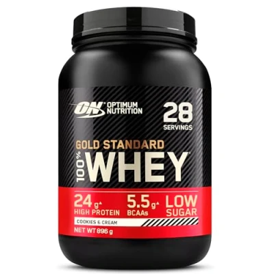Image of Optimum Nutrition Gold Standard 100% Whey Protein, Muscle Building Powder With Naturally Occurring Glutamine and BCAA Amino Acids, Cookies Cream Flavour, 28 Servings, 896 g