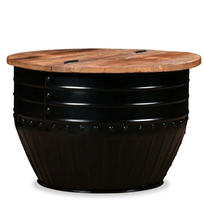 Image of vidaXL Solid Reclaimed Wood Coffee Table Black Barrel Shape Storage Stand