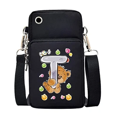 Image of FINDING CASE initial letter Printed Women Girls men Zipper Waterproof Nylon 3 Layers Crossbody Bags Wallet Cellphone Purse Shoulder Bag Wristlet Handbags Adjustable Strap (Bear T)