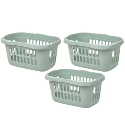 Image of 3 x 60 Litre Silver Sage Hipster Laundry Basket High Grade Plastic Washing Clothes Linen Storage Bin Tidy Household