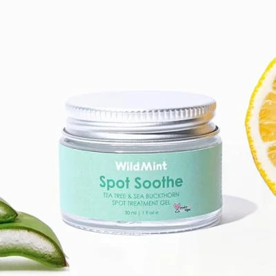 Image of WildMint Spot Soothe Natural Treatment Gel Reduces Breakouts, Scars &amp; Irritation Tea Tree Healing Serum for Acne Prone Skin, Blemishes, Redness Ingrown Hairs Cruelty Free UK Skincare 30ml