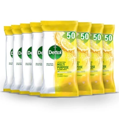 Image of Dettol Antibacterial Wipes, Citrus, Total of 400 Wipes (8 Packs X 50), Biodegradable Cleaning Disinfectant Surface Antibacterial, Household Cleaners