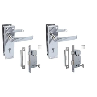 Image of Victorian Lock Straight Polished Chrome Door Handles Internal Latch Handle Sets with 3 Lever Mortice Sash Lock, Silver for Doors, Finish, 2 Set