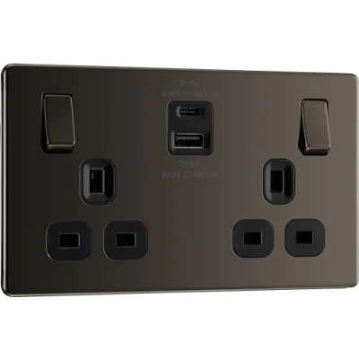 Image of BG Electrical Double Switched Power Wall Plug Socket with Fast Charge Type A and C USB Ports, Screwless, Flatplate, Black Nickel, 13A, 22W, FBN22UAC22B