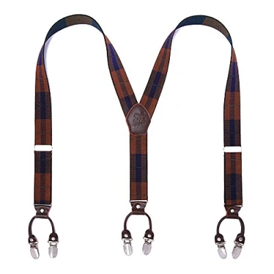 Image of KANGDAI Men Braces 6 Buckles Y Back Striped Durable Elastic Adjustable Suspenders Strong Metal Clips Heavy Duty (orange Streifen)