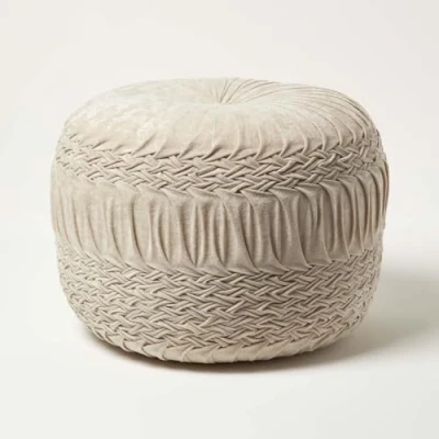 Image of HOMESCAPES Cream Velvet Pouffe 50 cm Wide Round Pleated Footstool with Bean Filling Pin Tuck Design Foot Rest Vanity Stool for Living Room or Bedroom