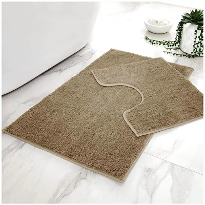 Image of VELVETIO 2 Piece Shiny Bath Mat &amp; Pedestal Set, Non Slip Water Absorbent Glitter Bathroom Toilet Rug, Machine Washable Super Soft Sparkling Microfiber Floor Mats, (50x80, 50x40 cm), Natural