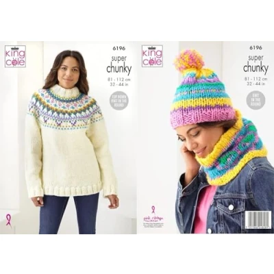 Image of King Cole Super Chunky Knitting Pattern 6196 Ladies Sweater, Hat &amp; Snood