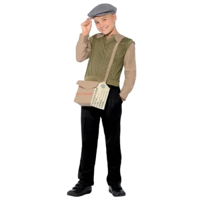 Image of Smiffys Evacuee Boy Kit, Green with Jumper, Attached Mock Shirt, Hat, Bag and Tag, Boys Fancy Dress, 1940s Dress Up Costumes
