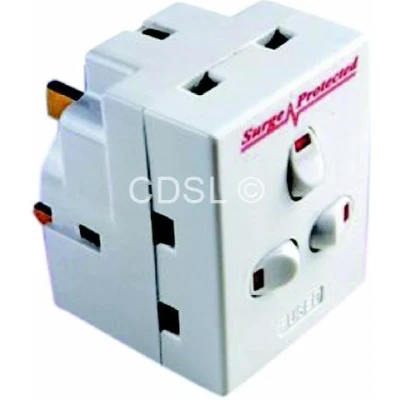 Image of 3 way switched surge protected 13A adaptor gang UK mains plug in adapter with NEON switches