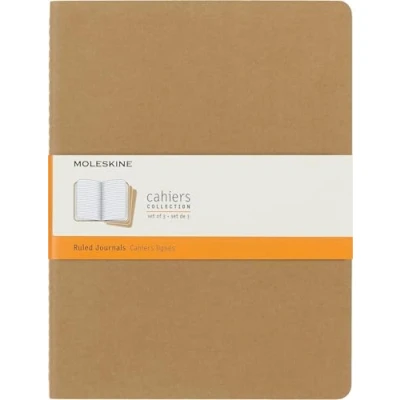 Image of Moleskine Cahier Journal, Set 3 Notebooks with Ruled Pages, Cardboard Cover Visible Cotton Stiching, Colour Kraft Brown, Extra Large 19 x 25 cm, 120 Pages