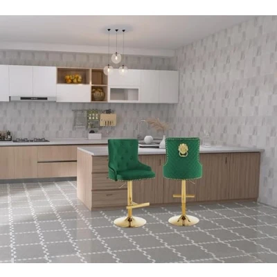 Image of FEFE Velvet Upholstery 360 Degree Swivel Breakfast High Bar Home Kitchen Pub Stools Chair Seat With Gas Lift &amp; Metal Base (2, Green)