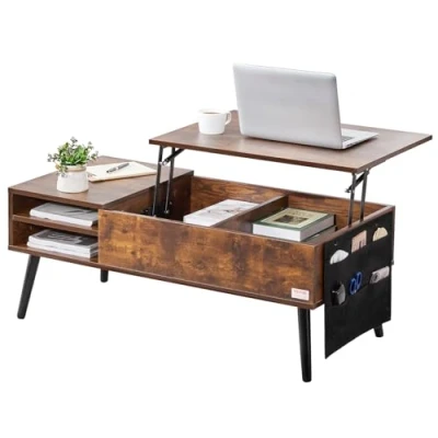 Image of VEVOR Lift Top, Rectangle Extra Storage Pockets, Pop Up Coffee Table for Living Room, Brown, 100 x 49.8 40 cm