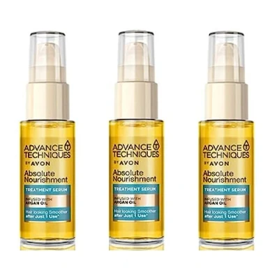 Image of Pack of 3 Advance Techniques Absolute Nourishment Argan Treatment Serum infused with Oil x 30ml by Avon.