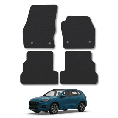 Image of Rubber Car Mats Compatible with Ford Kuga (2015 2020) Tailored Fit Floor Set Accessory Black Custom 4 Pieces Clips Anti Slip Backing, Heavy Duty &amp; Waterproof