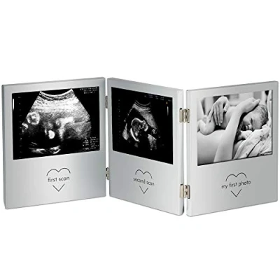 Image of VonHaus Baby Scan Photo Frame, Multi Picture Frame for Gender Reveal or Shower, Ultrasound Present New Mums, Double Hinged Stainless Steel with 3 Apertures