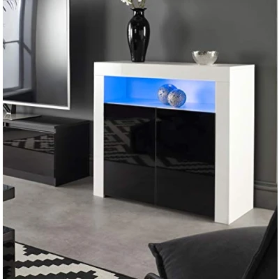 Image of MMT Modern White Matt Gloss Buffet Sideboards Display Cabinets with LED Lights (White/Black, Medium), SIB02White/Black