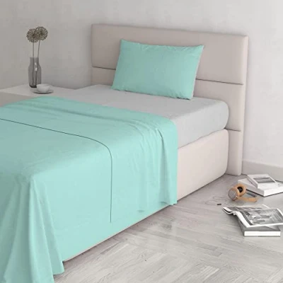 Image of Italian Bed Linen Natural Color Set (Flat 180x300, Fitted Sheet 120x200cm+Pillowcase 52x82cm), Petrol Bottle Green, Water Light Gray, SMALL DOUBLE
