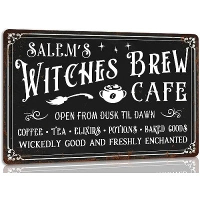 Image of Salem’S Witches Brew Cafe Metal Tin Sign Vintage Retro Halloween Party Poster for Home Witch Kitchen Wall Decor 8x12 Inch