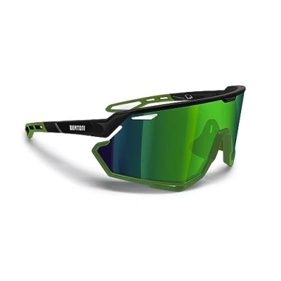 Image of BERTONI Sport Cycling MTB Running Sunglasses for Men Women in TR90 100% UV Block mod. ALPHA (Shiny Black/Matt Green Mirror Lens)