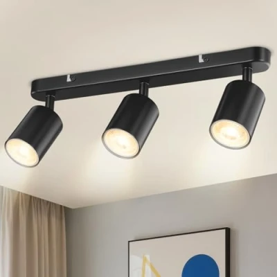 Image of 3 Way Spotlight Ceiling Light Adjustable, GU10 LED Lights Fitting, Rotatable Black Industrial Hallway with Socket, Modern Kitchen Spot Lamp for Bedroom Bulb Not Included