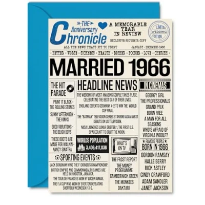 Image of 58th Anniversary Cards for Men Women Married 1966 Newspaper Happy 58 Wedding Card Husband Wife Dad Mum Aunt Uncle Vintage Retro 1966, A5 Greeting