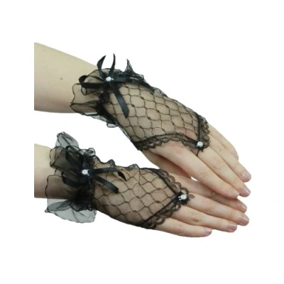 Image of Yummy Bee Delicate Lace Fingerless Gloves Black White Red Short Ruffled Satin Ribbon (Black)