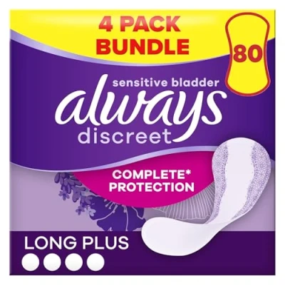Image of Always Discreet Incontinence Liners Women, 80 High Absorbency (20 X 4 Packs), Thin and Flexible, Long Sensitive Bladder
