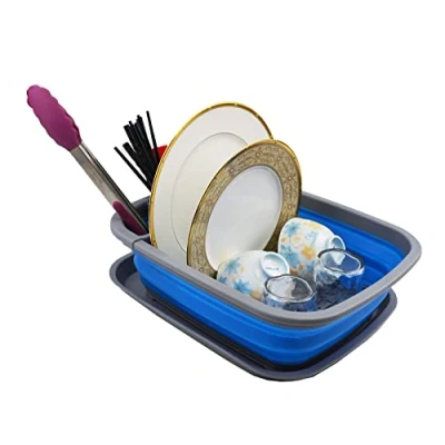 Image of SAMMART 8L Collapsible Plastic Dish Drainer with Board Foldable Drying Rack Set Portable Dinnerware Organizer Space Saving Kitchen Storage Tray (Dark Grey/Blue, 1)